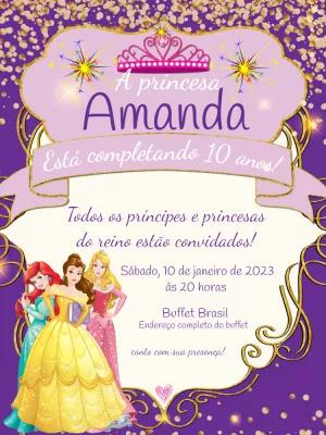Convite Aniversário Princesas da Disney para Editar Online