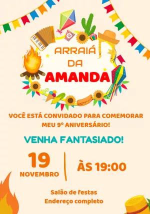 Convite de Aniversário Arraiá Editável com Elementos Juninos