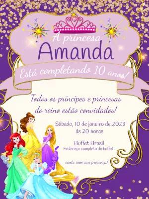 Convite Aniversário Princesas da Disney para Editar Online
