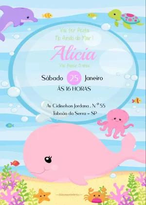 Convite Aniversário Fundo do Mar com Animais para Editar Online