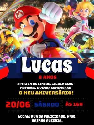 Convite de Aniversário Mario Kart com Personagens para Editar