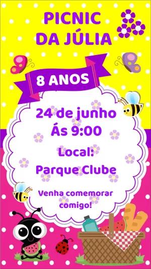 Convite Aniversário Picnic Infantil com Insetos para Editar Online
