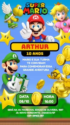 Convite de Aniversário Super Mario com Personagens para Editar