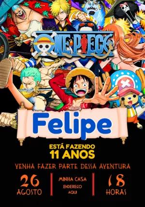 Convite de Aniversário One Piece com Personagens para Editar