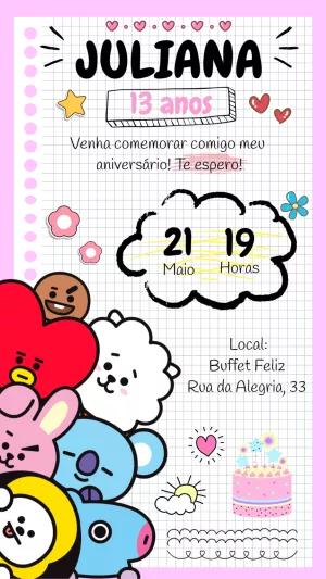 Convite de Aniversário BT21 com Personagens Fofos para Editar