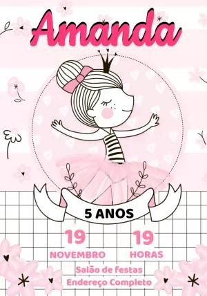 Convite Aniversário Bailarina Rosa para Editar Online