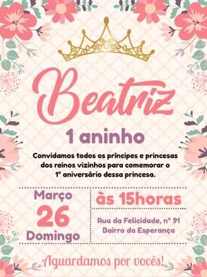 Convite de Aniversário Princesa com Coroa para Editar Online