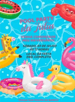 Convite de Aniversário Pool Party com Bóias para Editar Online