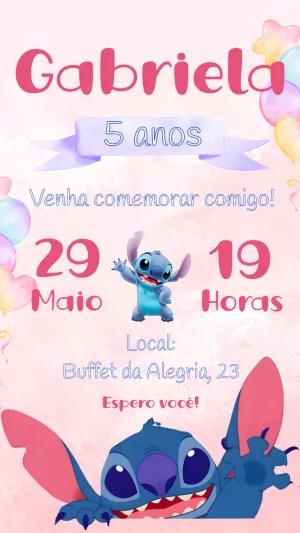 Convite Aniversário Stitch Rosa para Editar e Imprimir