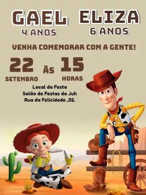 Convite Aniversário Duplo Toy Story Woody e Jessie para Editar
