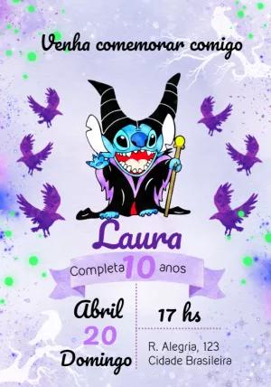 Convite Aniversário Stitch Malévola Halloween para Editar