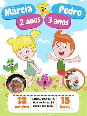 Convite Aniversário Duplo Mundo Bita com Foto para Editar