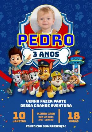 Convite Aniversário Patrulha Canina com Foto para Editar Online