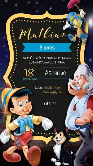 Convite de Aniversário Pinóquio com Personagens para Editar