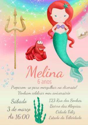 Convite Aniversário Pequena Sereia com Personagens para Editar