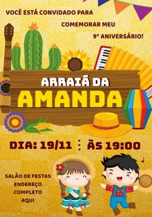 Convite Aniversário Festa Junina com Personagens para Editar