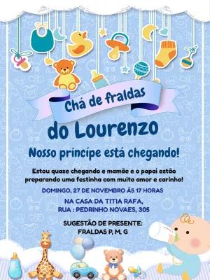 Convite Chá de Fraldas Ursinho e Brinquedos para Editar Online