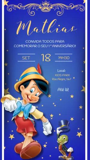 Convite Aniversário Pinóquio Clássico para Editar Online