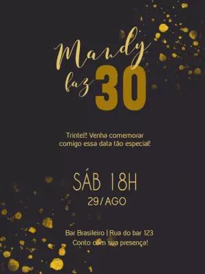 Convite de Aniversário Adulto Glitter Dourado para Editar