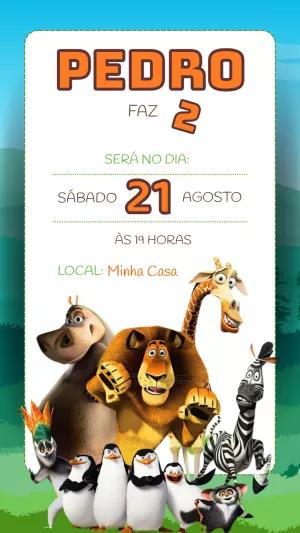 Convite de Aniversário Madagascar com Personagens para Editar