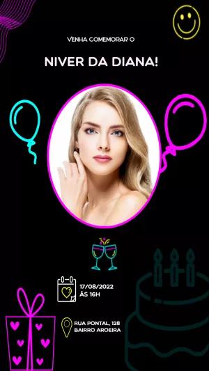 Convite de Aniversário Neon com Foto para Editar Online