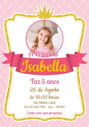 Convite Aniversário Princesa Glitter com Foto para Editar