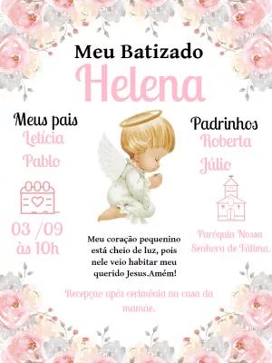 Convite de Batizado Anjinha com Flores Rosa para Editar Online