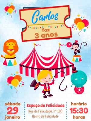 Convite Aniversário Circo com Animais para Editar Online