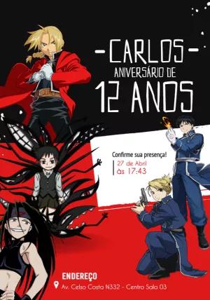 Convite de Aniversário Fullmetal Alchemist com Personagens para Editar