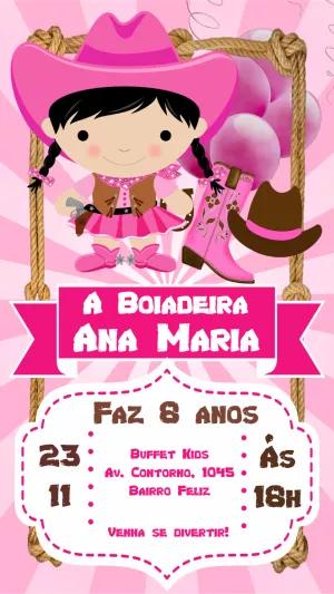 Convite Aniversário Boiadeira Rosa para Editar Online