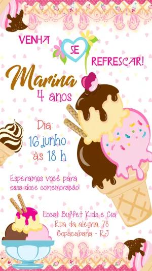 Convite de Aniversário Sorvete Doce e Fofo para Editar Online