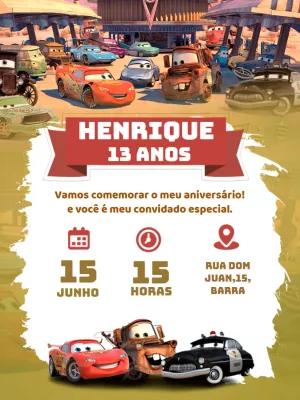 Convite de Aniversário Carros com Personagens para Editar Online