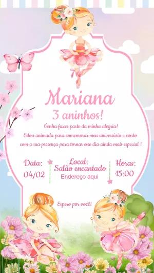 Convite de Aniversário Bailarina Aquarela para Editar Online