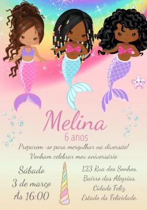 Convite Aniversário Sereia Negra para Editar Online