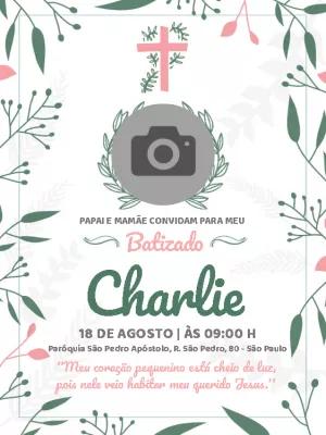 Convite de Batizado Floral com Foto para Editar Online