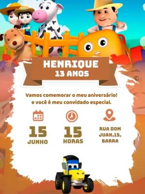 Convite de Aniversário Fazendinha com Trator para Editar Online