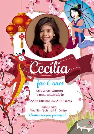 Convite Aniversário Mulan com Foto para Editar Online