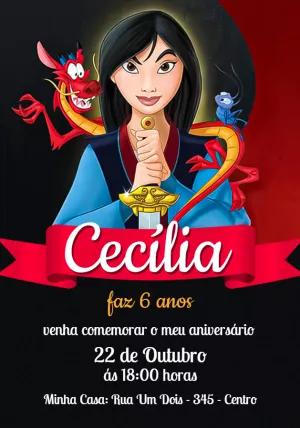 Convite de Aniversário Mulan para Editar e Imprimir