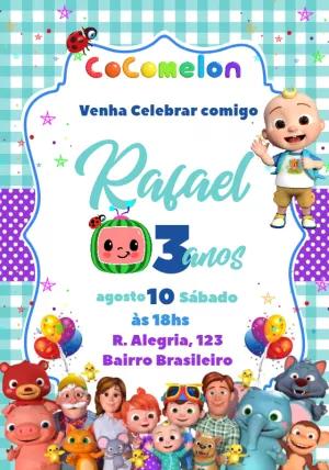 Convite Aniversário Cocomelon com Personagens para Editar Online