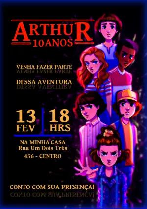 Convite Aniversário Stranger Things com Personagens para Editar