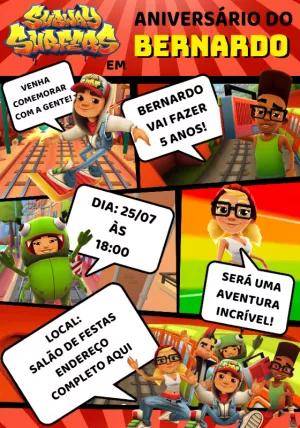 Convite de Aniversário Subway Surfers para Editar Online