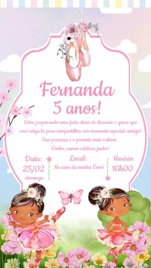 Convite Aniversário Bailarina Aquarela para Editar Online