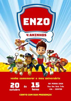 Convite Aniversário Patrulha Canina com Personagens para Editar