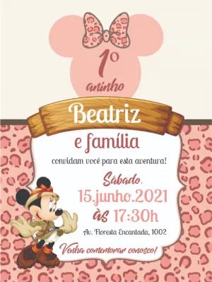 Convite Aniversário Minnie Safari Rosa Editável Online