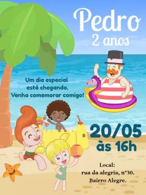 Convite Aniversário Mundo Bita na Praia para Editar Online