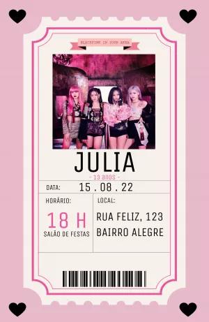 Convite de Aniversário Blackpink Estilo Ingresso para Editar
