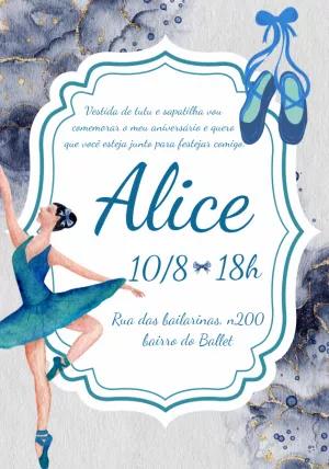 Convite Aniversário Bailarina Aquarela para Editar Online