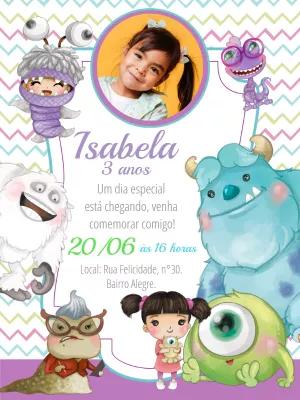 Convite Aniversário Monstros SA com Foto para Editar Online