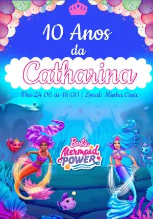 Convite Aniversário Barbie Sereia Mermaid Power para Editar