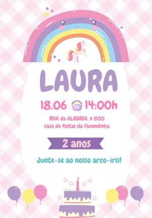 Convite de Aniversário Arco-íris e Unicórnio para Editar Online